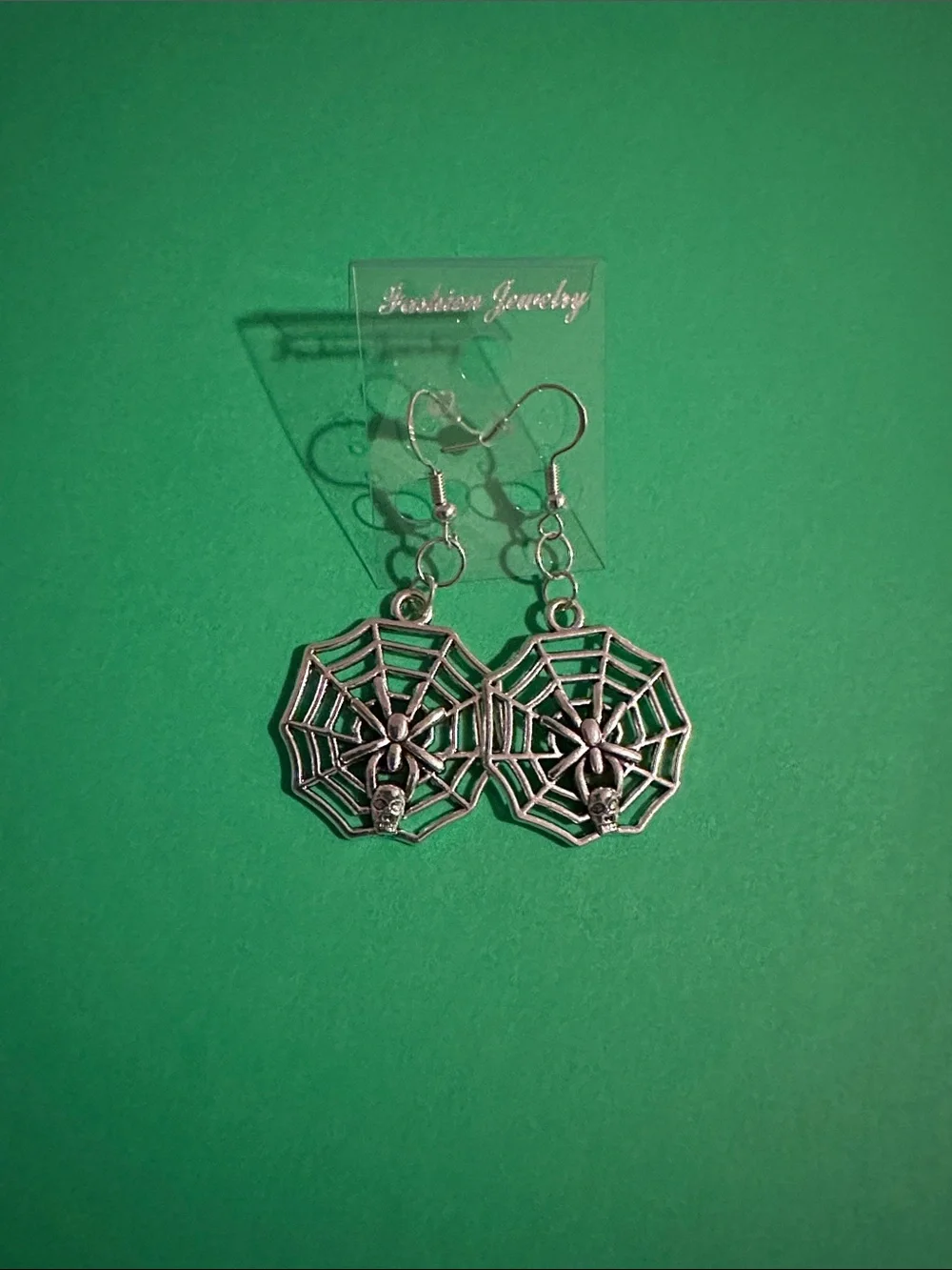 Silver Spider Web and Skull Dangle Earrings